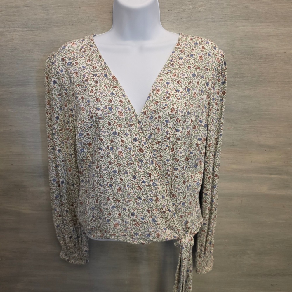 Japna Multicolor Floral Print Vneck Wrap Tie‎ Waist Cropped Blouse Size Large GC